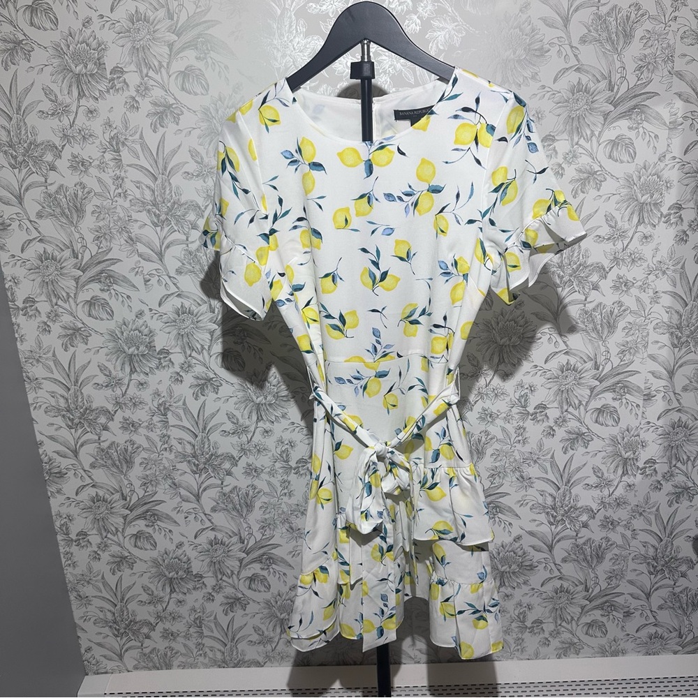 NWT Banana Republic Factory Lemon Print Frill Fit & Flare Dress White Yellow 6